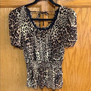 Ladies' Leopard-Print Puff Sleeve Blouse in Brown